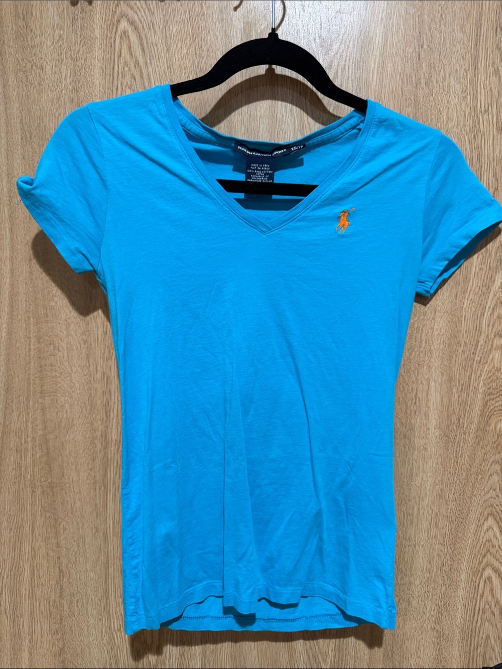 Ralph Lauren Short-Sleeve V-Neck Tee in Bright Turquoise with Orange Pony